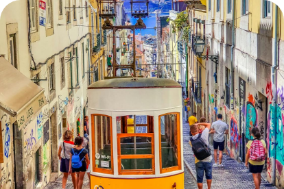 a trolley car in a narrow street