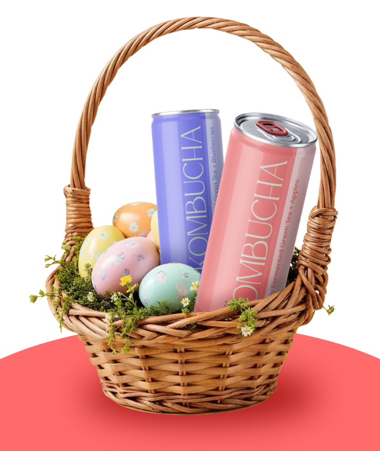 a basket with eggs and cans of kombucha