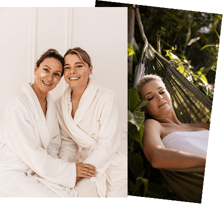 a collage of women in bathrobes