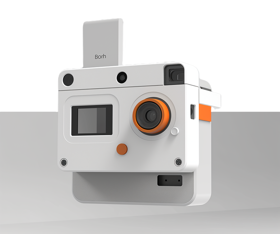 a white and orange camera