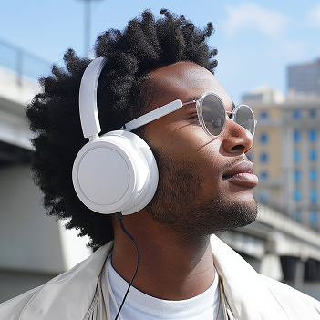 a man wearing headphones and sunglasses