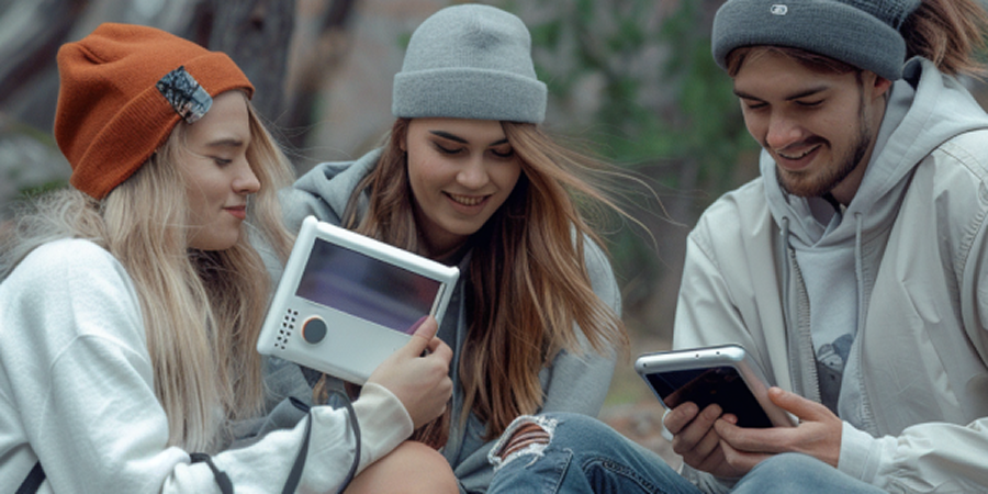 a group of people sitting outside looking at a device