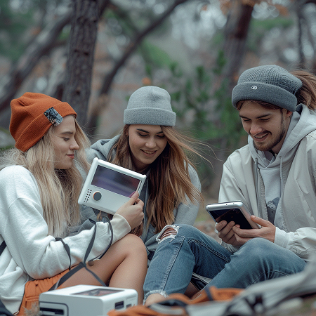 a group of people sitting outside looking at devices