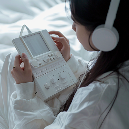 a woman wearing headphones and holding a device