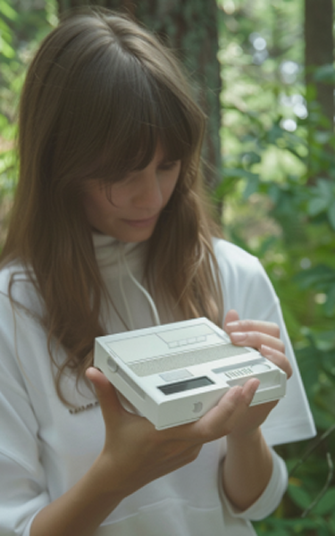 a woman holding a video game console