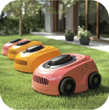 a group of lawnmowers on grass