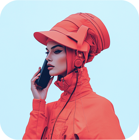 a woman in orange outfit with a large hat and headphones on her ear
