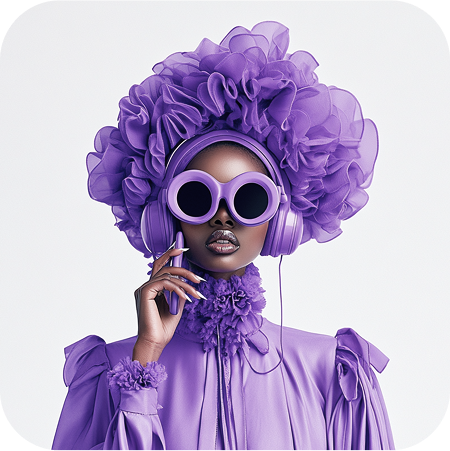 a woman wearing purple headphones and purple ruffles