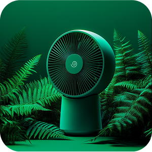 a fan in front of fern leaves