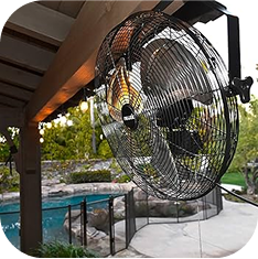 a large metal fan on a porch