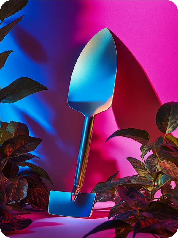 a shovel next to a plant