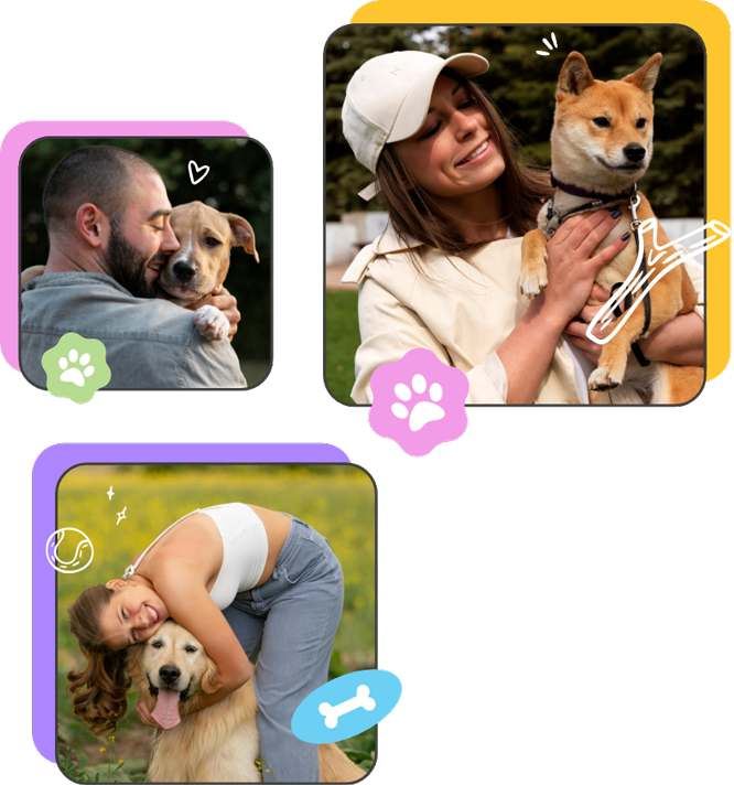 a group of people hugging their dogs