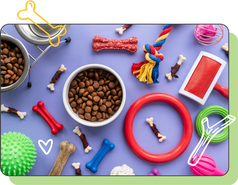 a group of dog food and toys