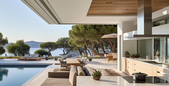 a house with a pool and trees