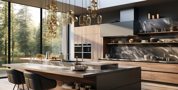 a kitchen with a large island and chandeliers