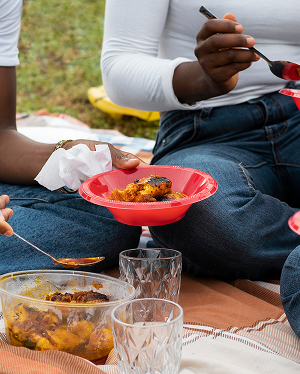 a group of people eating food