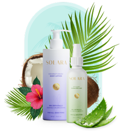 a group of personal care bottles and a pineapple with flowers