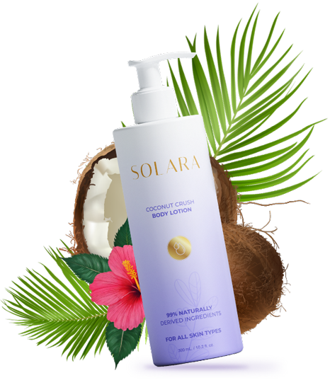 a bottle of lotion with coconuts and flowers