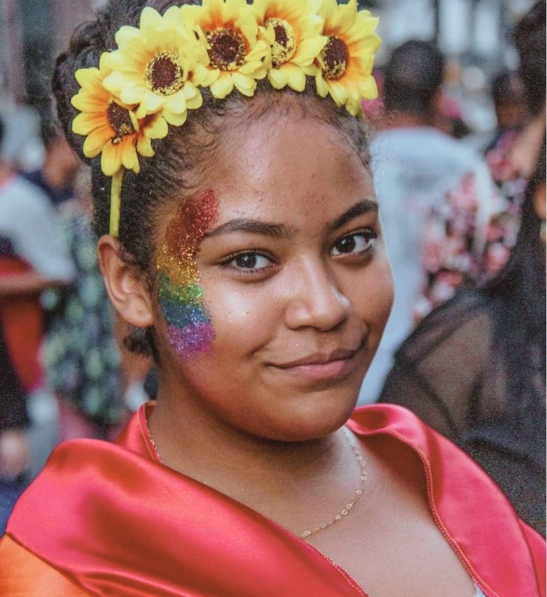 a woman with flowers in her hair