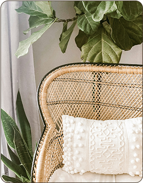 a wicker chair with a pillow and a plant