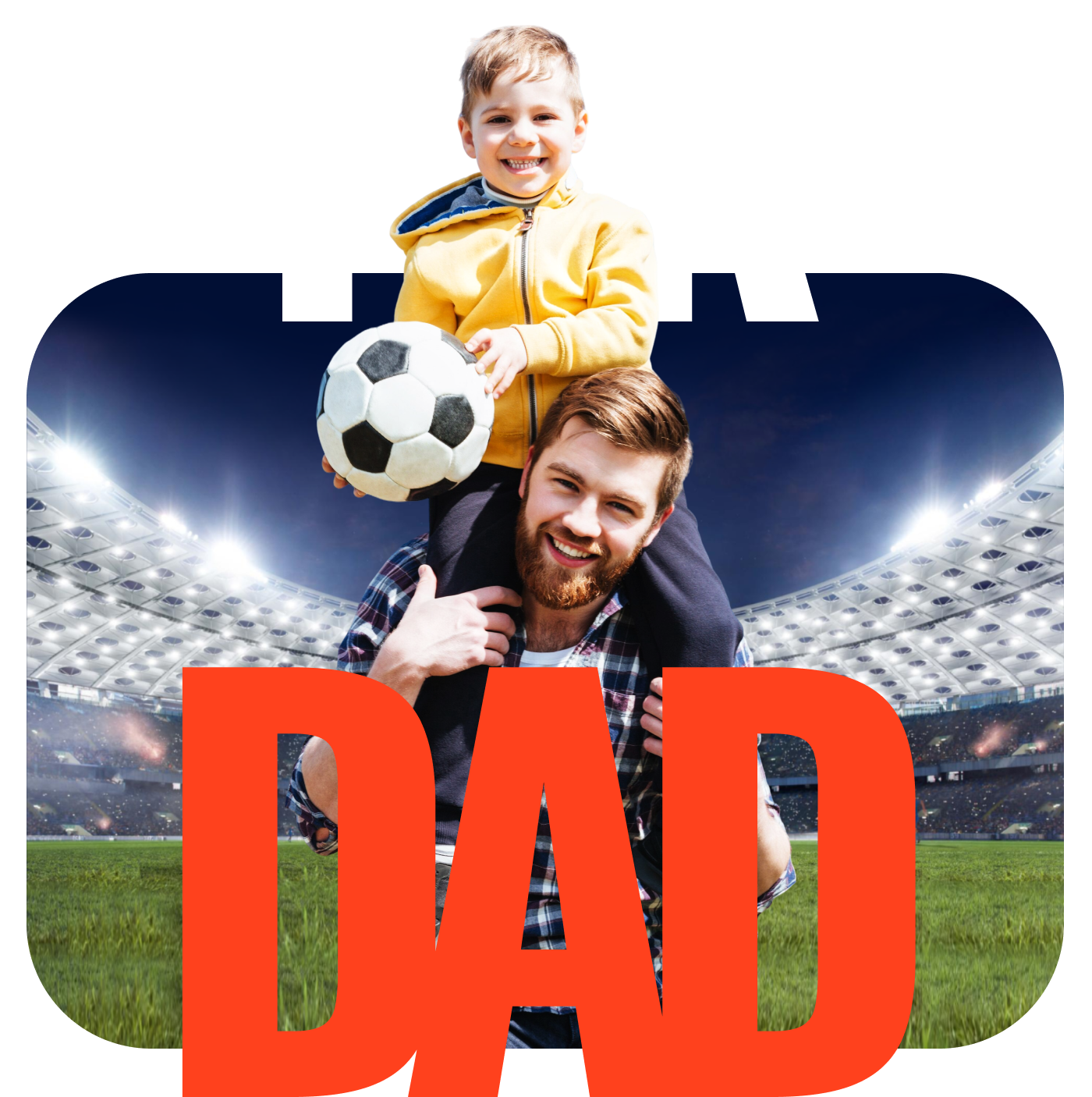 a man carrying a child on his shoulders in a stadium