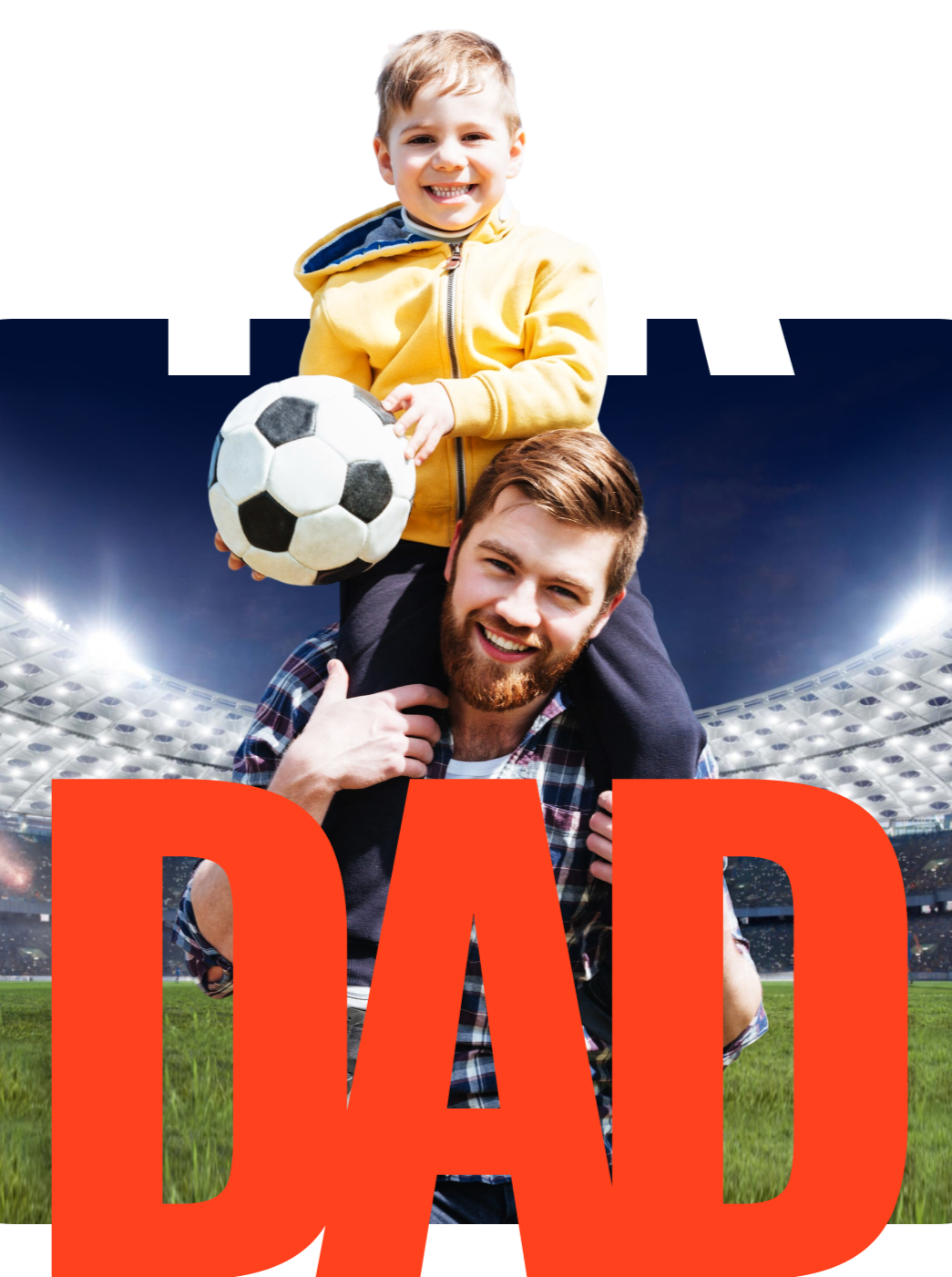 a man carrying a child on his shoulders in a stadium