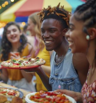 a group of people at a table eating pizza