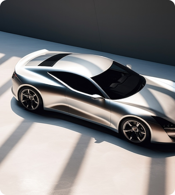 a silver sports car parked in a room