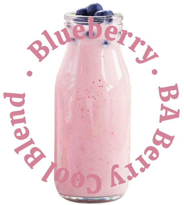 a glass bottle with a pink liquid with blueberries on top