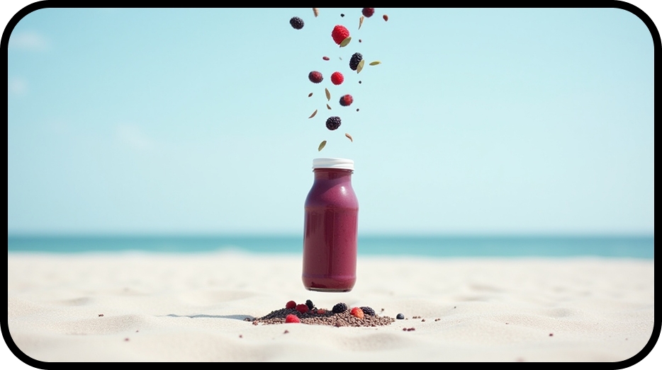 a bottle of juice with berries falling into the air