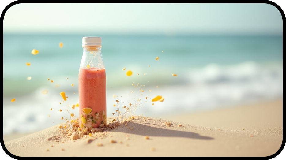 a bottle of fruit juice on a beach