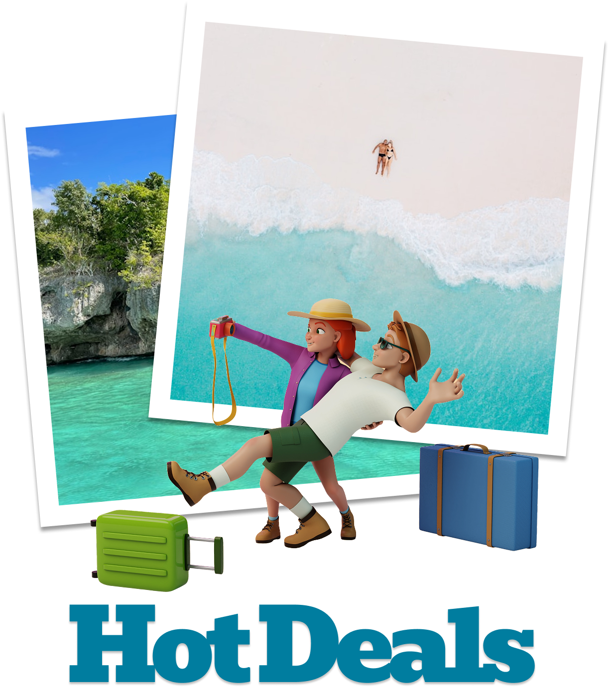 a couple of cartoon characters on a beach