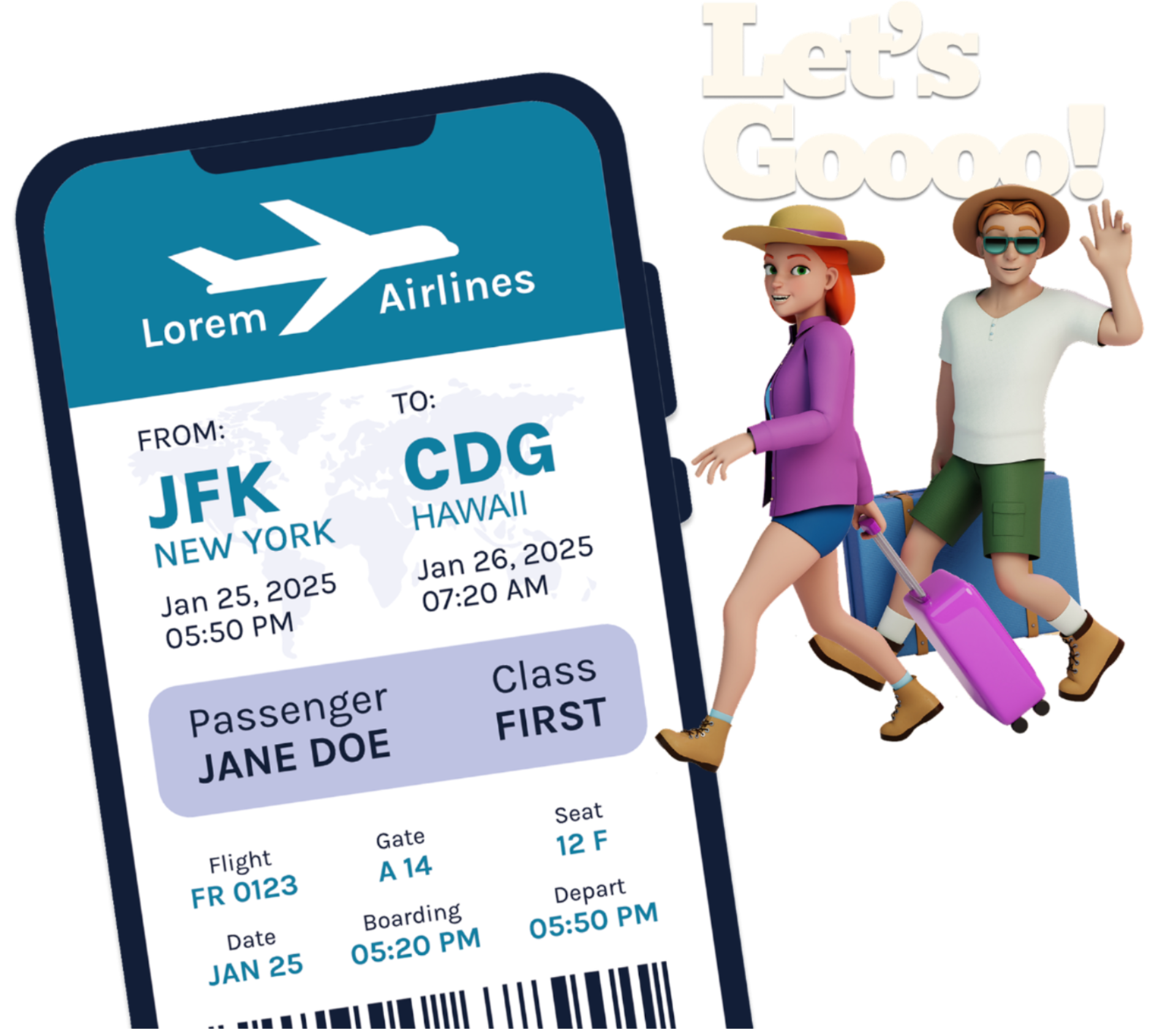 a couple of people with luggage and boarding pass