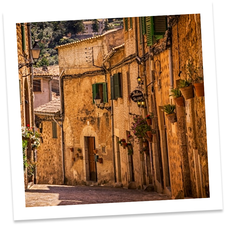 a street with stone buildings and plants
