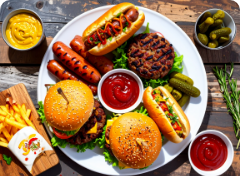 a plate of food with hot dogs and sauces