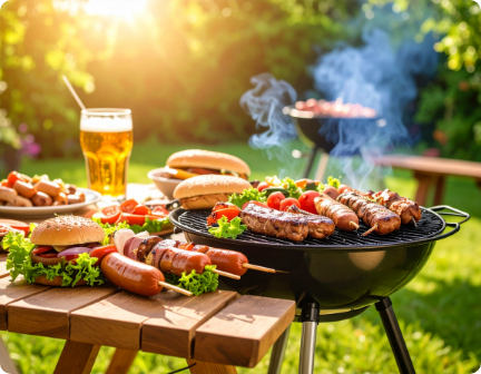 a mix of grilled food on the table by a grill