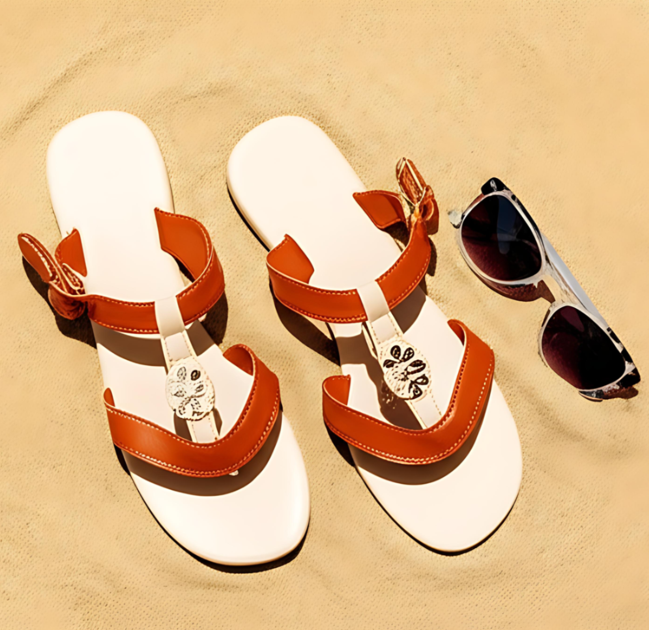 a pair of sandals and sunglasses on a blanket
