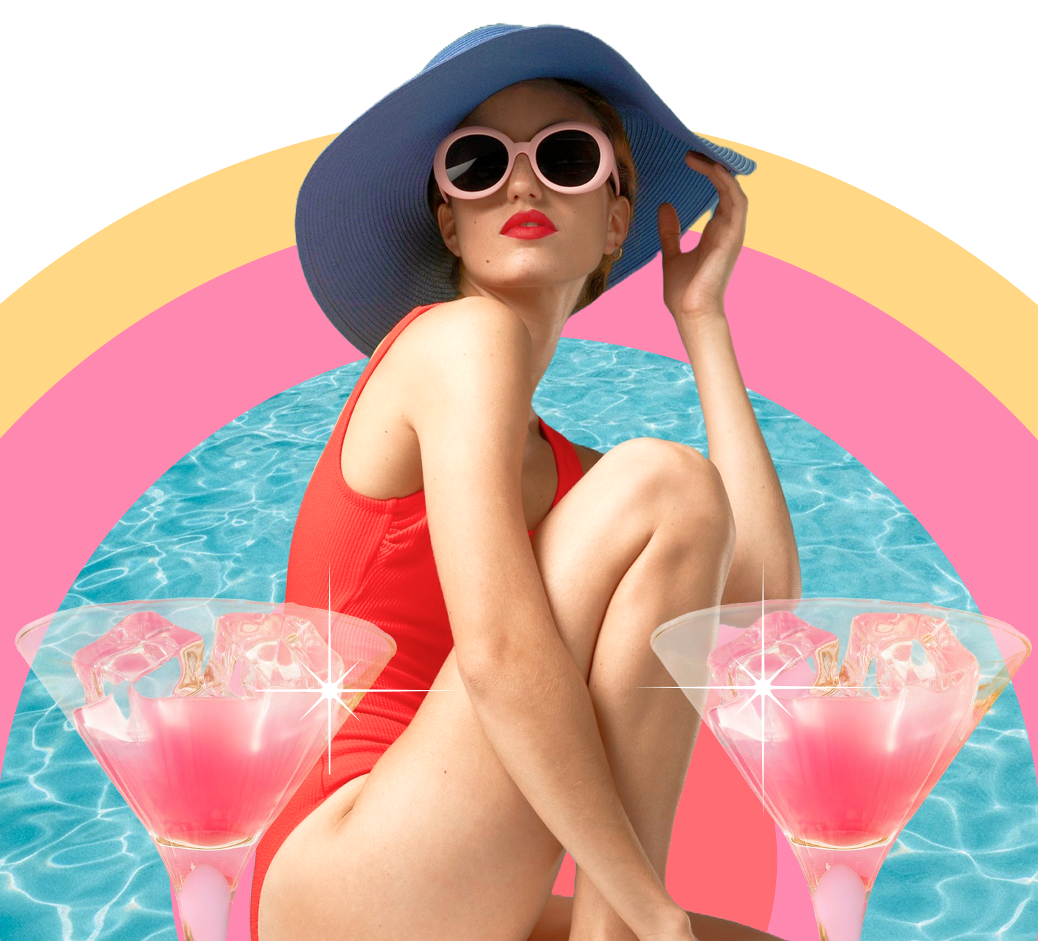 a woman in a swimsuit and hat
