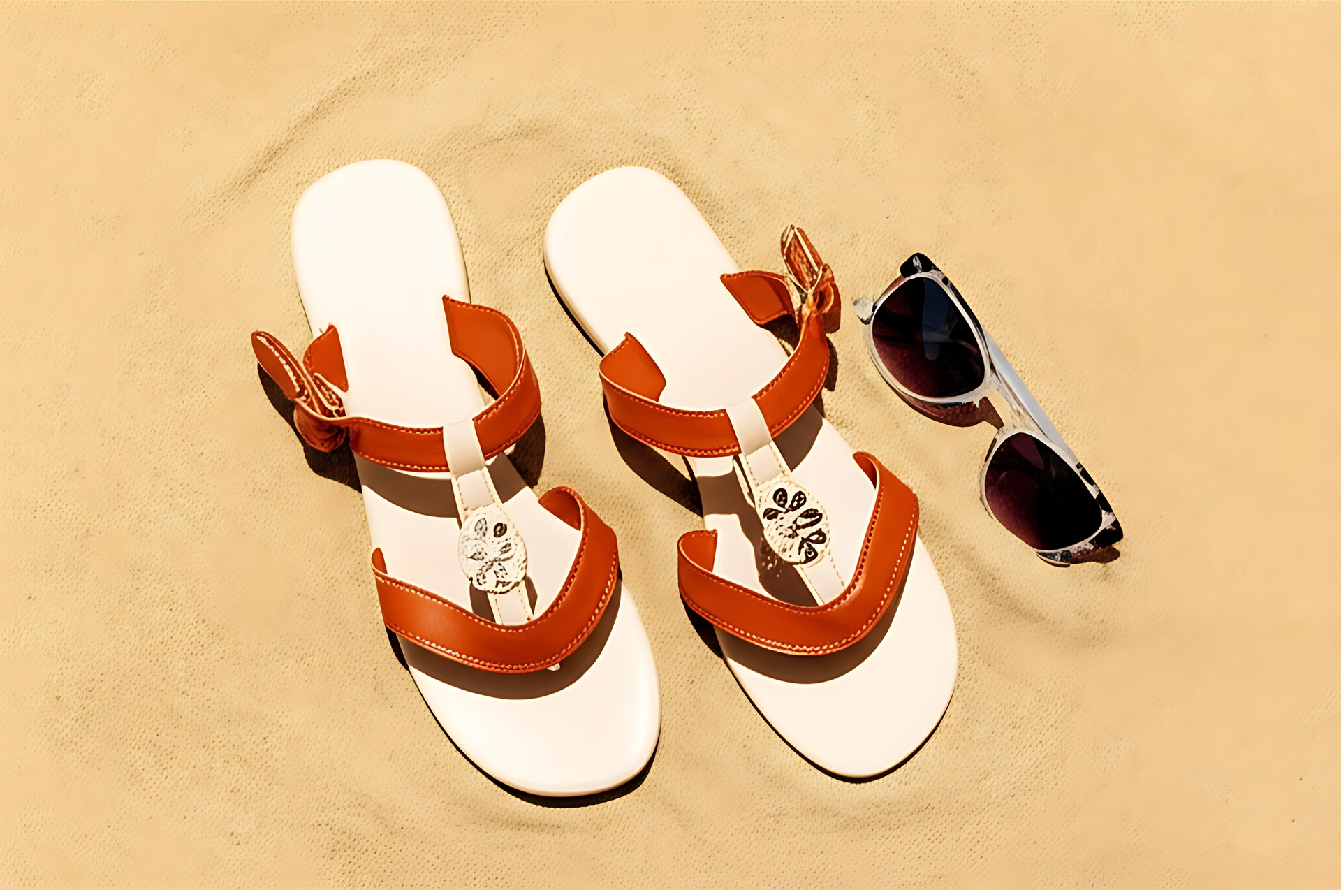 a pair of sandals and sunglasses on sand