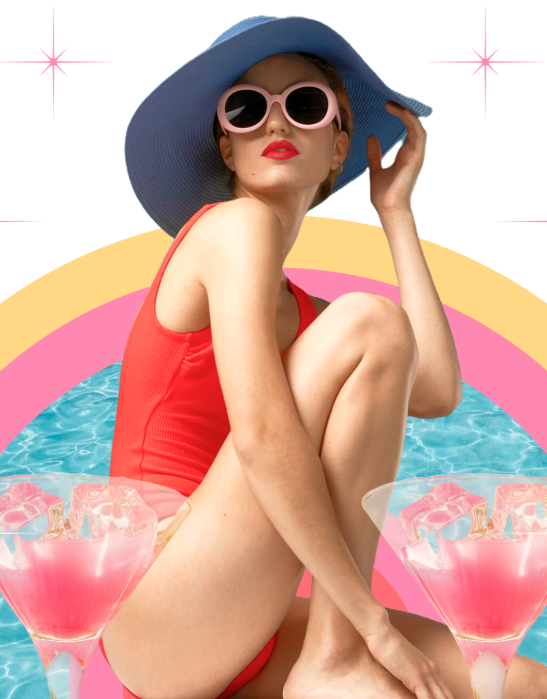 a woman in a swimsuit and hat