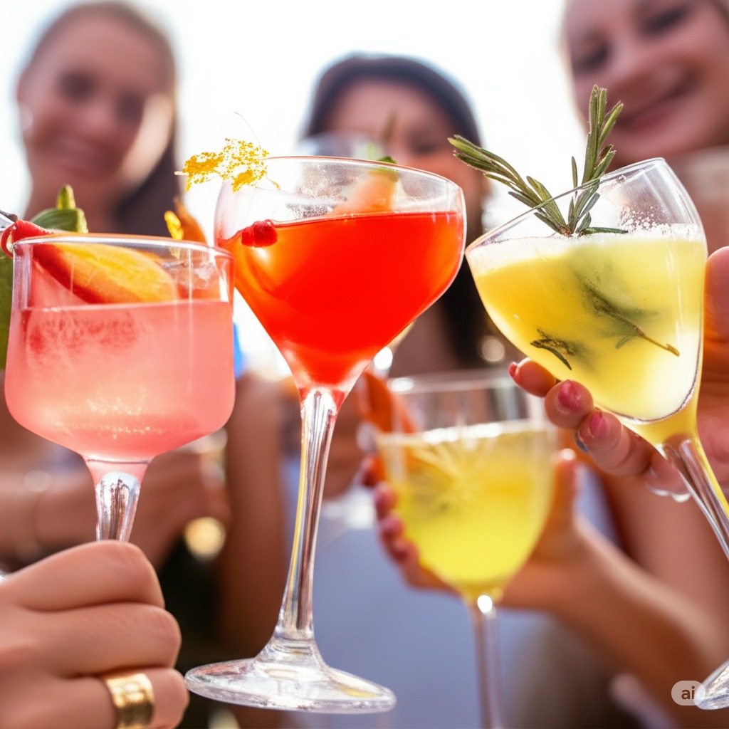 two women in swimsuits holding drinks