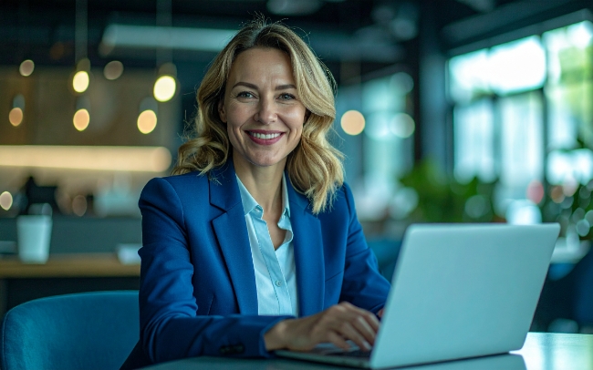 a woman sitting at a table with a laptop