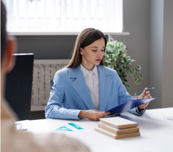 a woman sitting at a desk with a pen and a clipboard