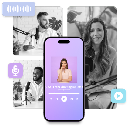 a group of images of podcasters and a cellphone with a podcast