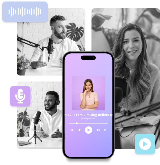 a group of images of podcasters and a cellphone with a podcast