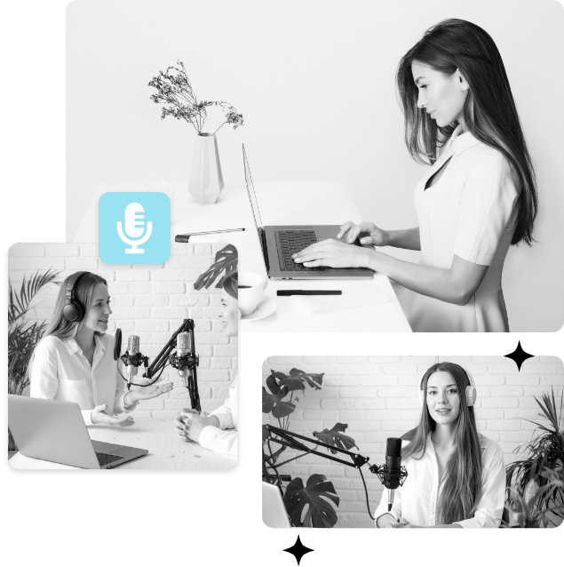 a group of images of a woman using a laptop and talking on a microphone