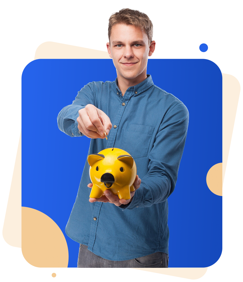 a man putting money into a yellow piggy bank